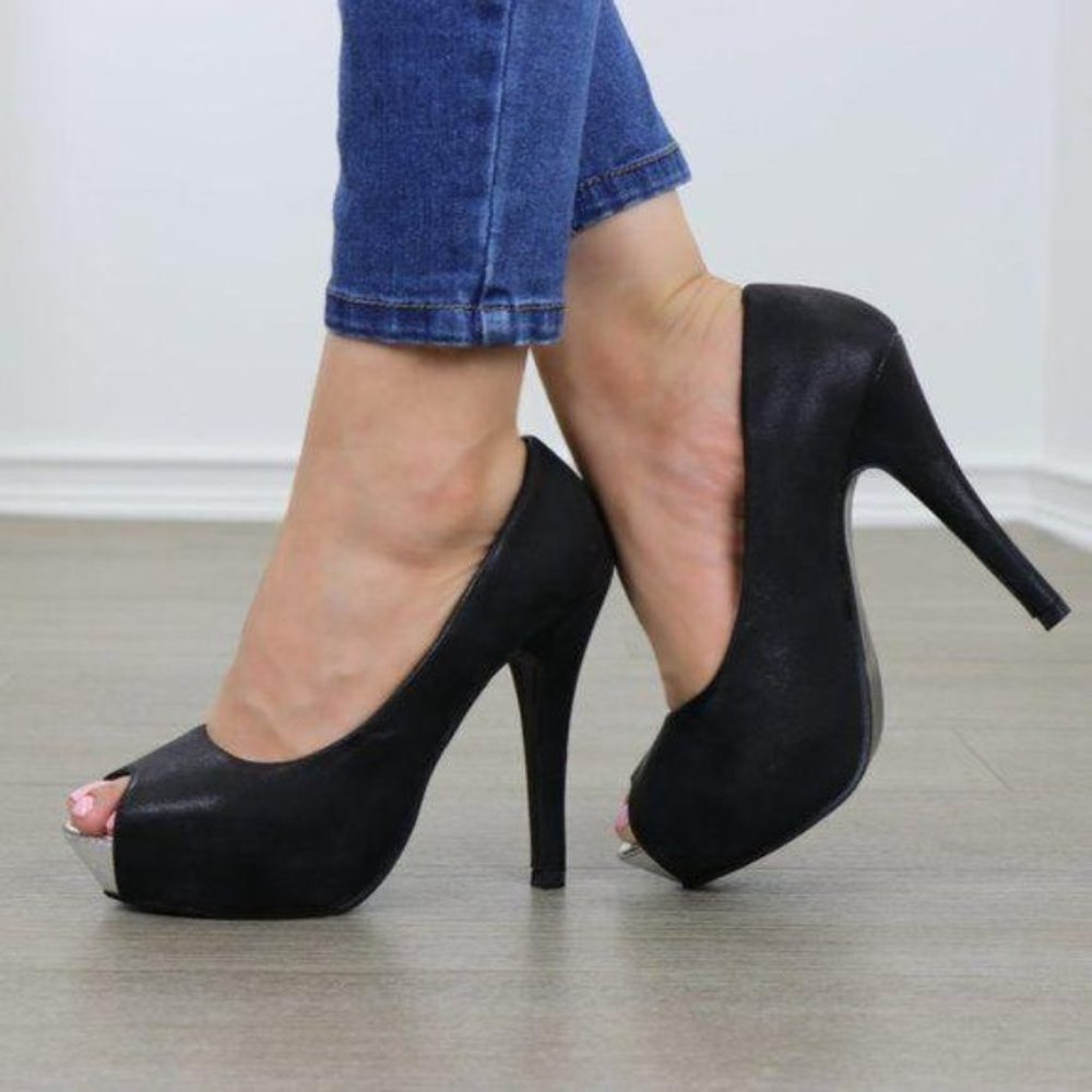 Sexy Black Metallic Peep Toe Platform High Heels - Picture 7 of 9